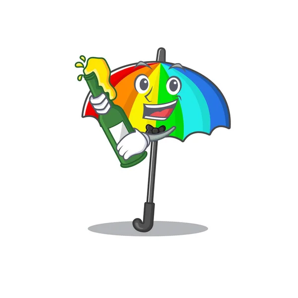 Parapluie Arc Ciel Avec Bouteille Bière Style Mascotte Dessin Animé — Image vectorielle