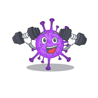 Smiley Fitness exercise bovine coronavirus cartoon character raising barbells