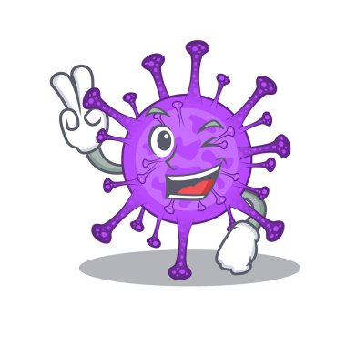 Cheerful bovine coronavirus mascot design with two fingers