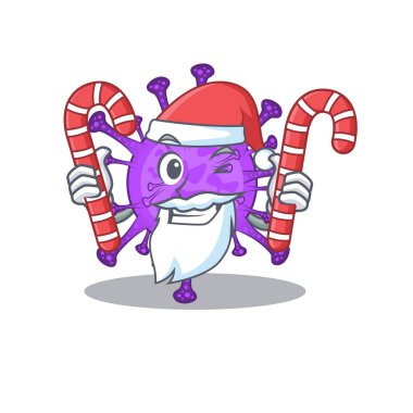 Santa Cartoon karakterindeki dost canlısı sığır koronavirüsü şeker yiyor.