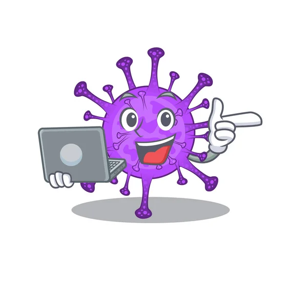 Um ícone de coronavírus bovino inteligente trabalhando com laptop — Vetor de Stock