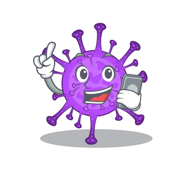 Designul mascotei de coronavirus bovin vorbind la telefon — Vector de stoc