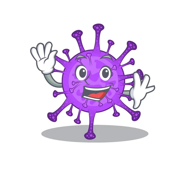 Projeto de mascote de desenhos animados de coronavírus bovino sorridente com mão ondulada — Vetor de Stock
