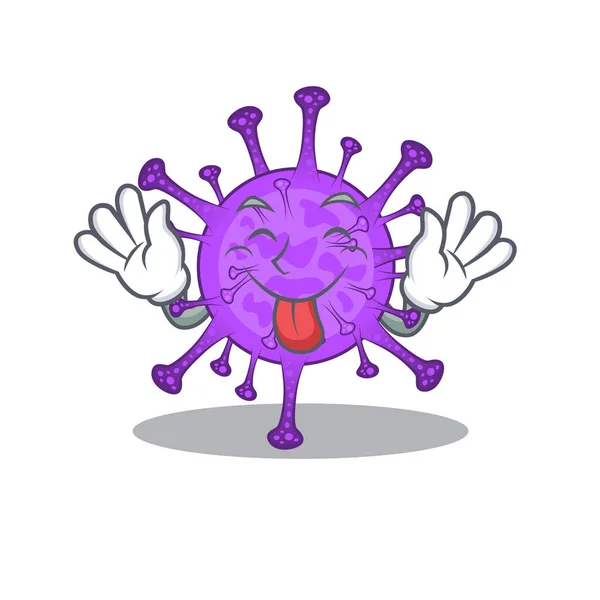 Cara divertida bovina coronavirus mascota estilo de diseño con la lengua hacia fuera — Vector de stock