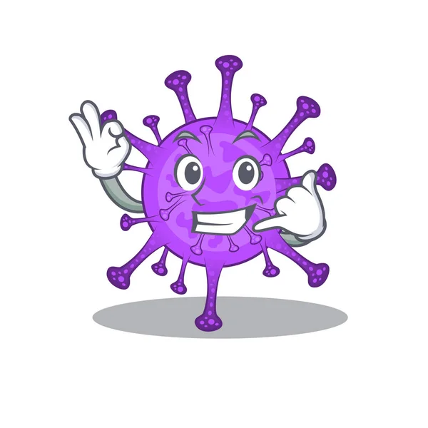 Bovine coronavirus maskot cartoon design showing Call me gesture — Stockový vektor