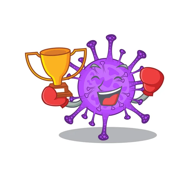Cara feliz de vencedor de boxe coronavírus bovino em estilo de design mascote — Vetor de Stock