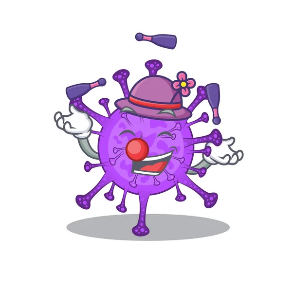 Una mascota de coronavirus bovino dulce estilo de dibujos animados jugando Malabares — Vector de stock