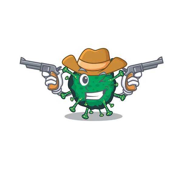 Funny bat coronavirus como un personaje de dibujos animados vaquero sosteniendo armas — Vector de stock