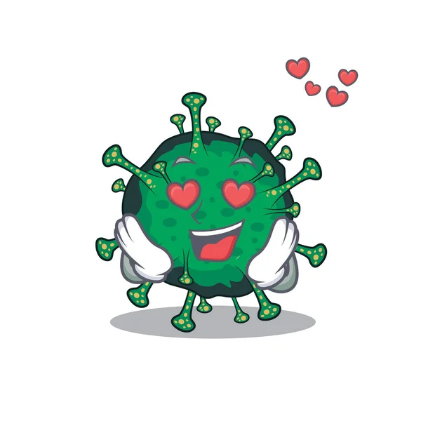 Cute bat coronavirus cartoon character showing a falling in love face — Stock Vector