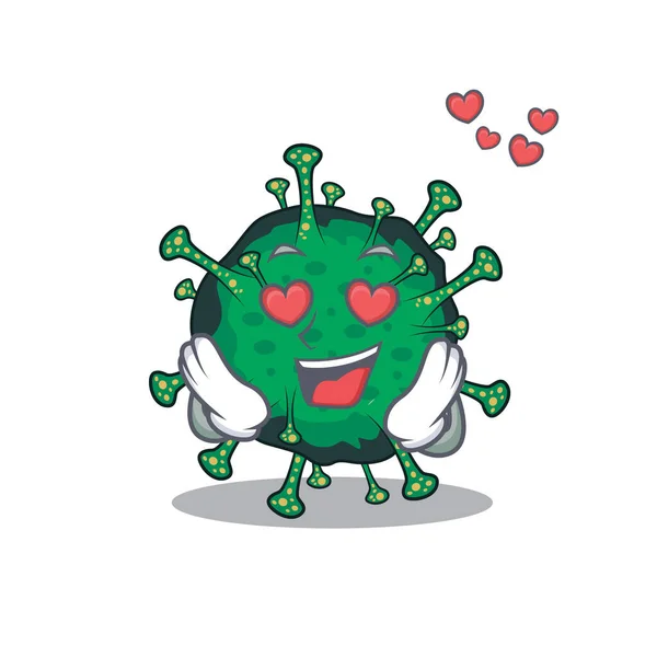 Cute bat coronavirus cartoon character showing a falling in love face — Stockvector