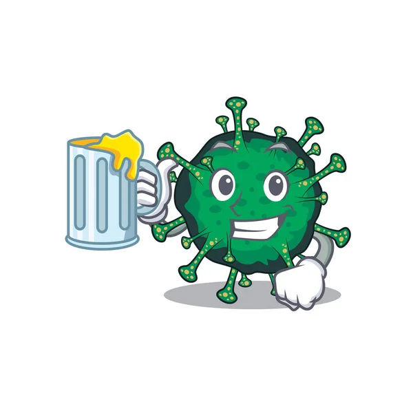 Cheerful bat coronavirus mascot design with a glass of beer — Stock Vector