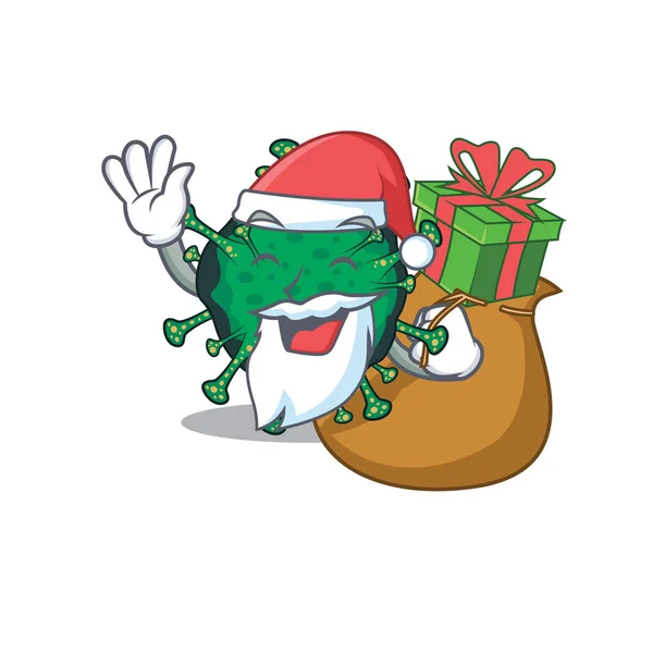 Papai Noel coronavírus Desenho de personagens de desenhos animados com caixa de presente — Vetor de Stock