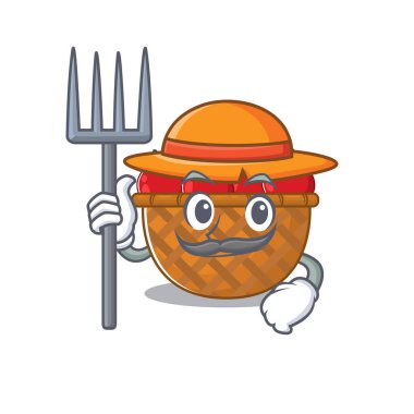 Tomato basket in Farmer cartoon character with hat and pitchfork