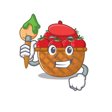 Talented tomato basket Artist cartoon character with brush