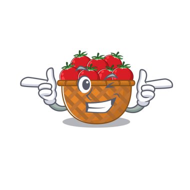 Smiley tomato basket cartoon design style showing wink eye
