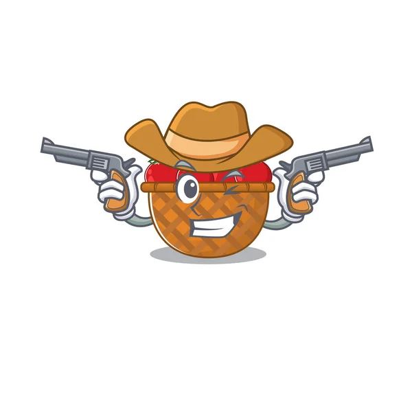 Drôle de panier de tomate comme un personnage de dessin animé cow-boy tenant des armes — Image vectorielle