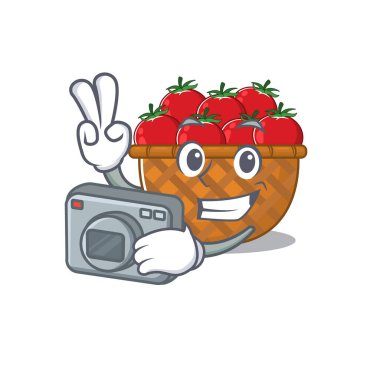 Tomato basket mascot design as a professional photographer with a camera