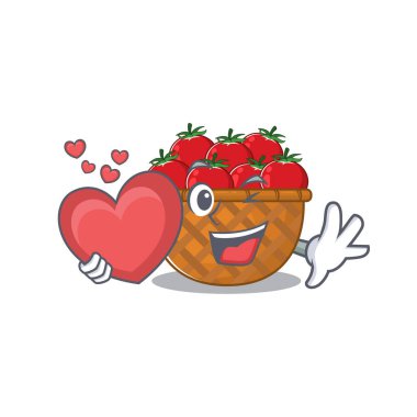 A romantic cartoon design of tomato basket holding heart