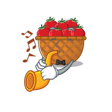 Tomato basket cartoon character design playing a trumpet