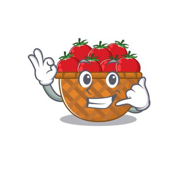 Tomato basket mascot cartoon design showing Call me gesture