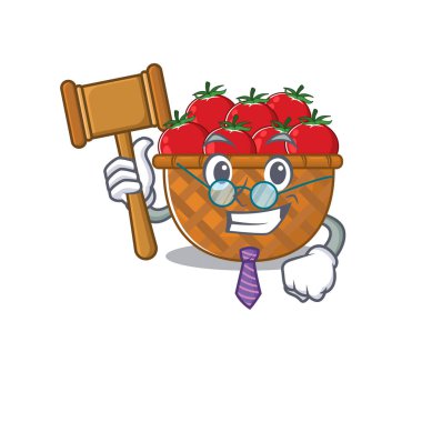 Charismatic Judge tomato basket cartoon character design wearing cute glasses