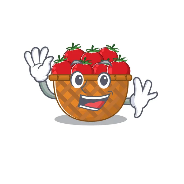 Smiley tomato basket cartoon mascot design with waving hand — Stok Vektör