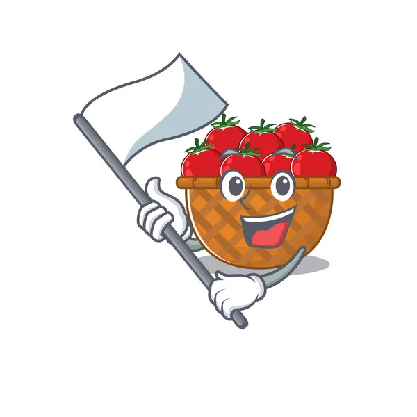 Kartun keranjang tomat desain karakter memegang bendera berdiri - Stok Vektor