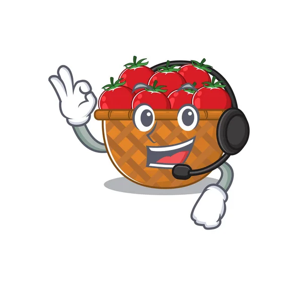 Encantador diseño de personaje de dibujos animados cesta de tomate con auriculares — Vector de stock