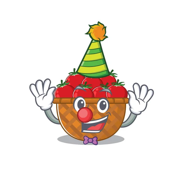 Cute and Funny Clown tomato basket cartoon character mascot style — Stock Vector