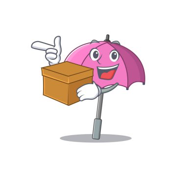 Pembe şemsiye karikatür tasarım tarzında bir kutu