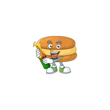 mascot cartoon design of chocolate macarons with bottle of beer