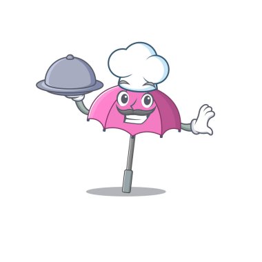 Şef çizgi film karakteri olarak pembe şemsiye ve tepside yemek.