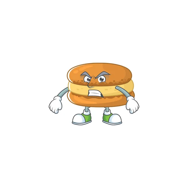 Charmante mascotte de macarons au chocolat style design agitant la main — Image vectorielle