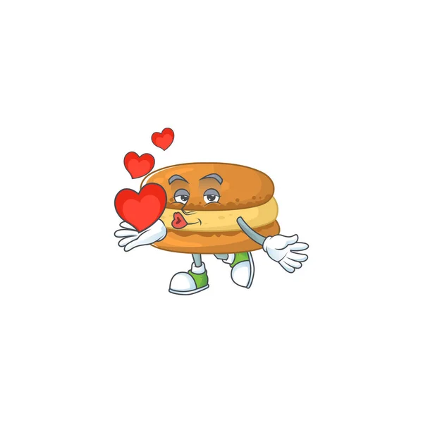 Un romantico personaggio dei cartoni animati di macaron al cioccolato con un cuore — Vettoriale Stock
