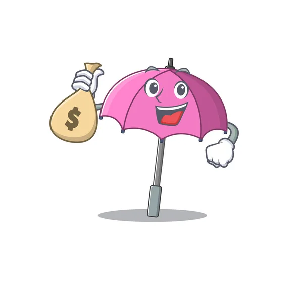 Smiley rich pink umbrella cartoon character bring money bags — Stock Vector