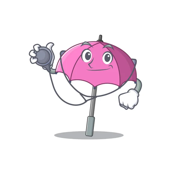 Um guarda-chuva rosa elegante em um personagem de desenho animado médico com ferramentas — Vetor de Stock