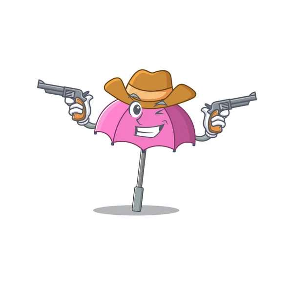 Funny pink umbrella as a cowboy cartoon character holding guns — Stock Vector