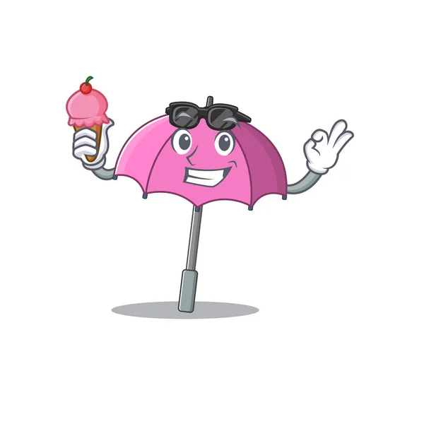 Personagem de desenho animado de guarda-chuva rosa segurando um sorvete — Vetor de Stock