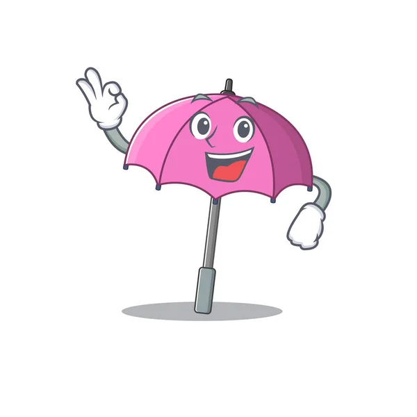 Pink umbrella cartoon character design style making an Okay gesture — Stock Vector