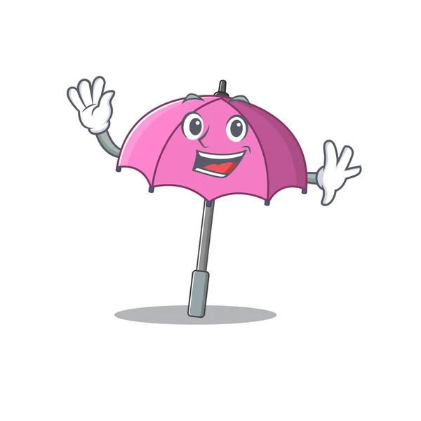 Conception de mascotte de parapluie rose souriant avec main agitant — Image vectorielle