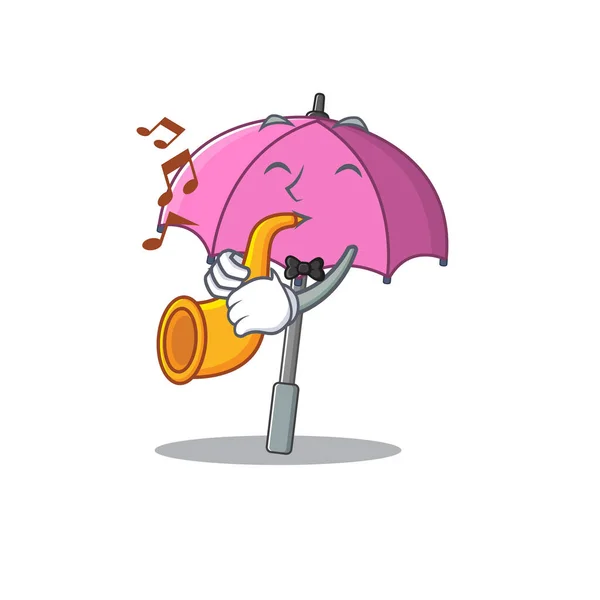 Pink umbrella cartoon character design playing a trumpet — Stock Vector