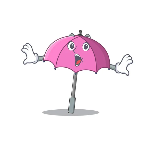 Een stripfiguur van roze paraplu die een verrassend gebaar maakt — Stockvector