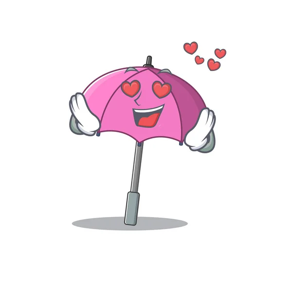 Aranyos rózsaszín esernyő rajzfilm karakter bemutató eső szerelmes arc — Stock Vector
