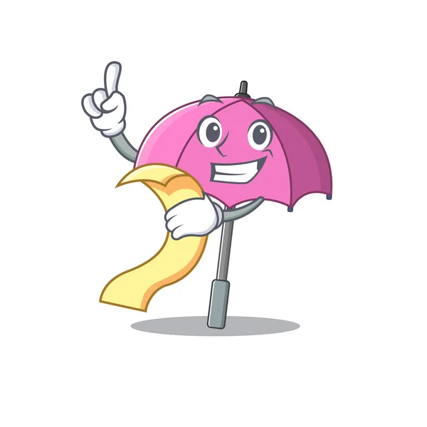 Personagem de desenho animado de guarda-chuva rosa segurando menu pronto para servir — Vetor de Stock