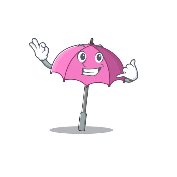 Pink umbrella mascot cartoon design showing Call me gesture — Stock Vector