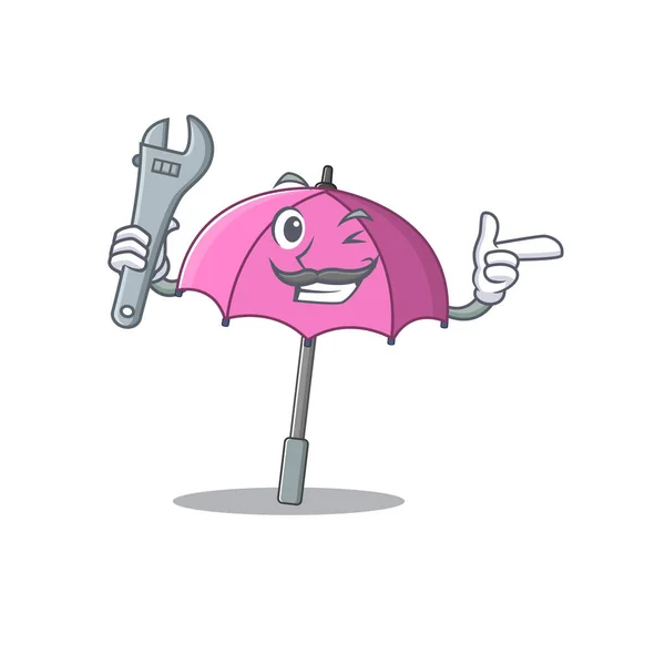 멋있는 기계공 분홍색 우산 만화 캐릭터 디자인 사진 — 스톡 벡터