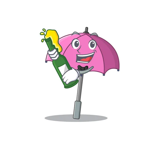 맥주 마스코트 만화 스타일의 분홍색 우산 — 스톡 벡터