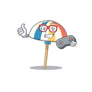 Cool gamer of beach umbrella mascot design style with controller