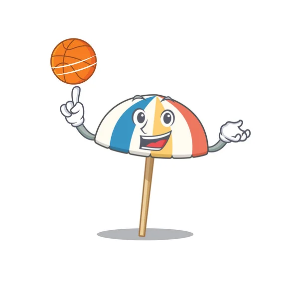Un paraguas de playa deportivo diseño de la mascota de dibujos animados jugando baloncesto — Vector de stock