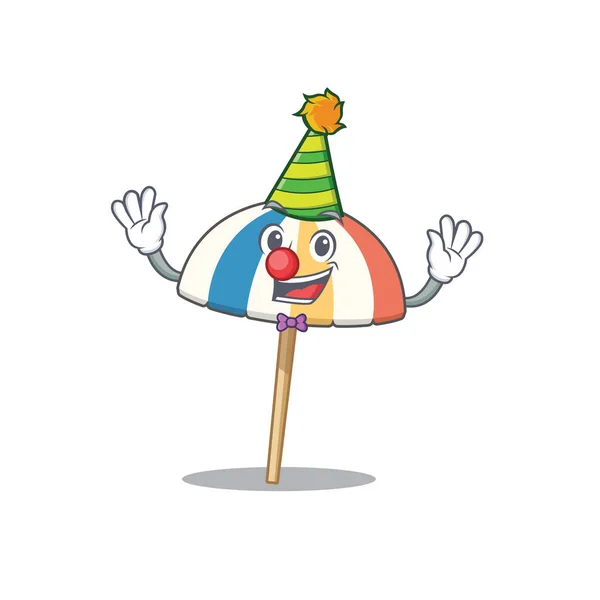Bonito e engraçado palhaço guarda-chuva de praia desenho animado personagem mascote estilo —  Vetores de Stock